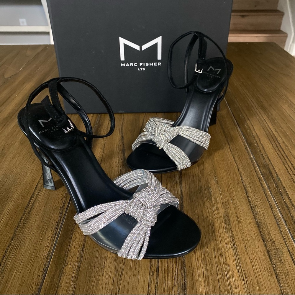 Marc Fisher silver black ankle strap heels